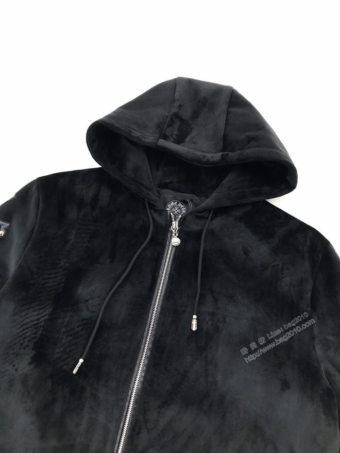 Chrome Hearts男裝 克羅心秋冬新款黑色十字架絲絨連帽夾克  ydi3495